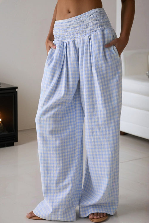 Myosotis Plaid Print Smocked High Waist Womens Loose Pants