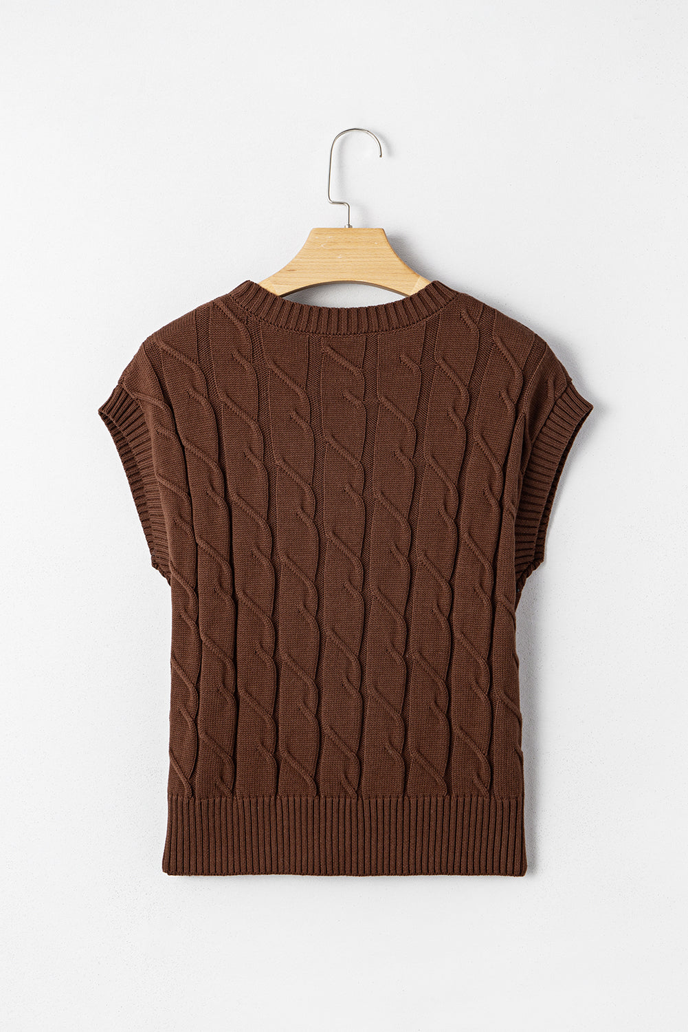 Dark Brown Cable Texture Crew Neck Short Sleeve Sweater Top