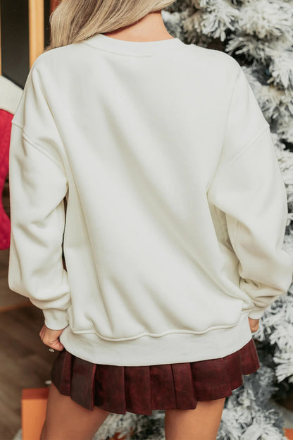 White Christmas Tree Ribbon Bow Printed Drop Shoulder Sweatshirt