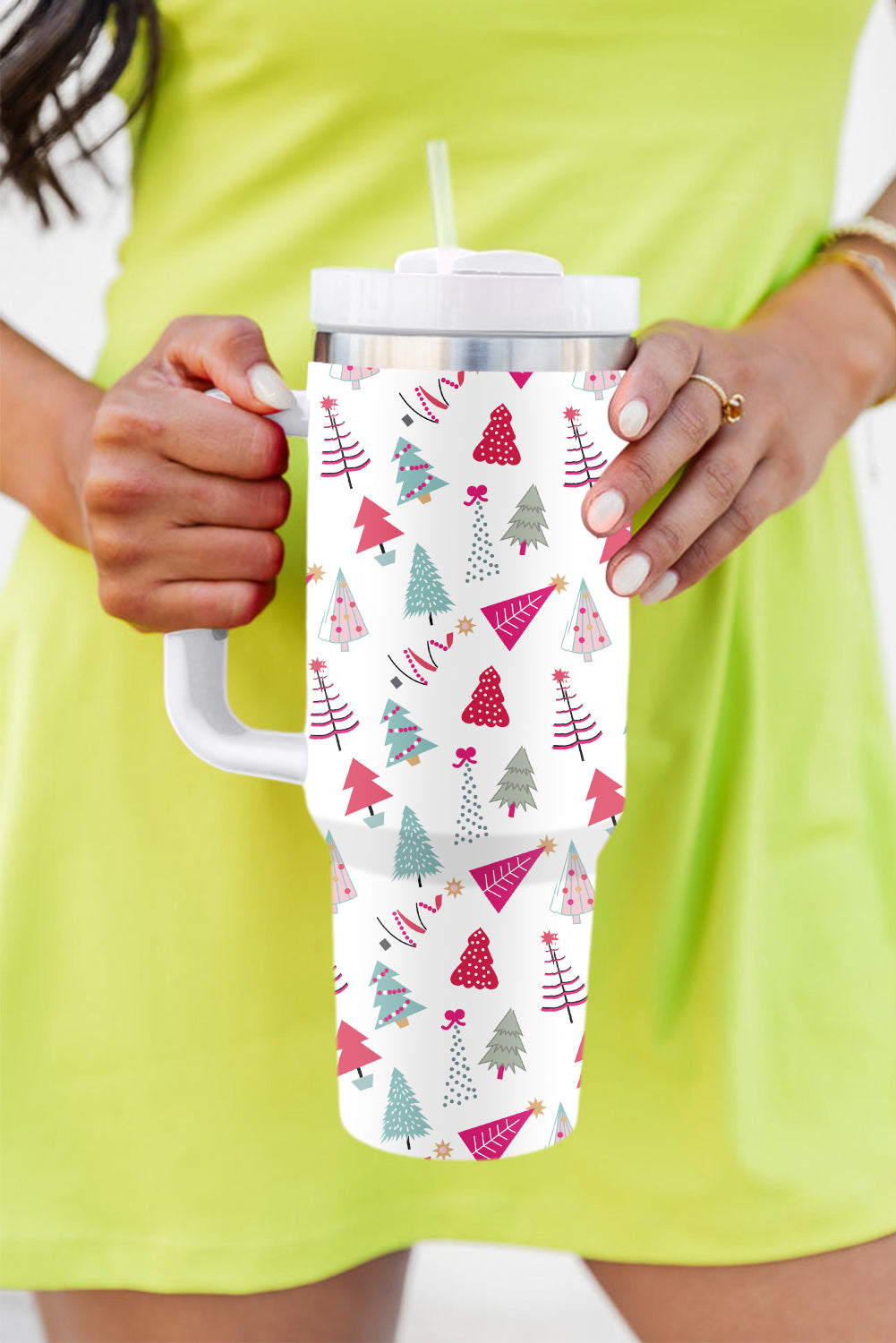 Rose Red Cartoon Christmas Tree Printed Thermos Cup 40oz