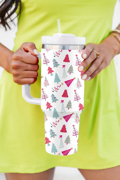 Rose Red Cartoon Christmas Tree Printed Thermos Cup 40oz