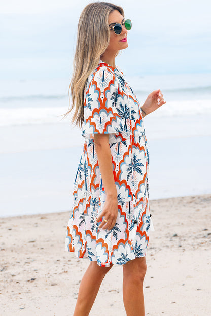 Orange Contrast Palm Tree Printed Short Sleeve Flowy Dress