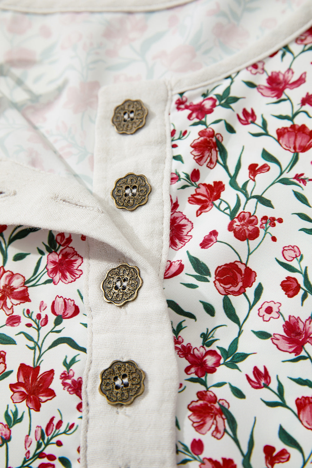 Sky Blue Floral Print Gauze Patchwork Henley Button 3/4 Sleeve Blouse