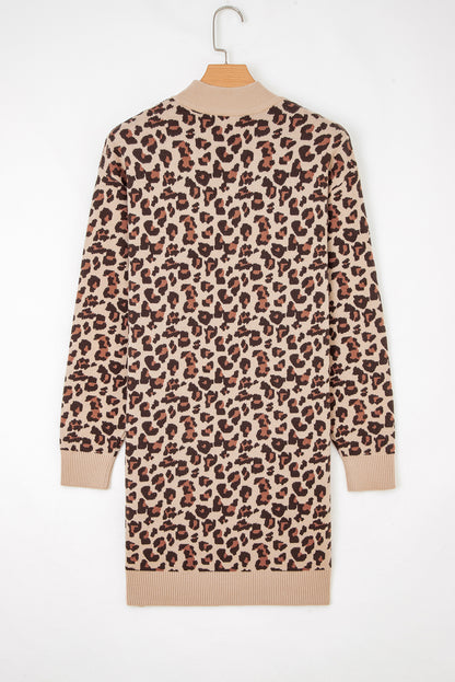 Khaki Leopard Print High Neck Shift Mini Sweater Dress