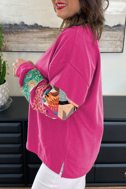 Green Plus Size Printed Patchwork Sleeve Split Sweatshirt