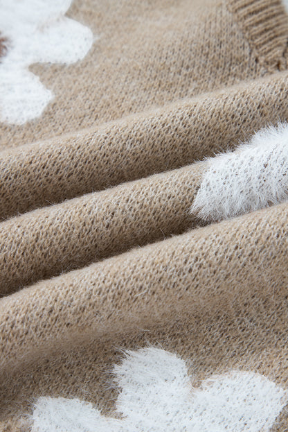 Seagrass Plush Flower Pattern Scalloped Trim V Neck Sweater