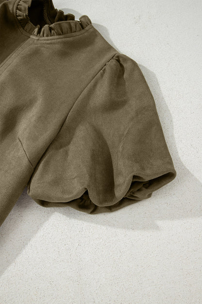 Moss Green Frilled Round Neck Short Puff Sleeve Shift Mini Dress