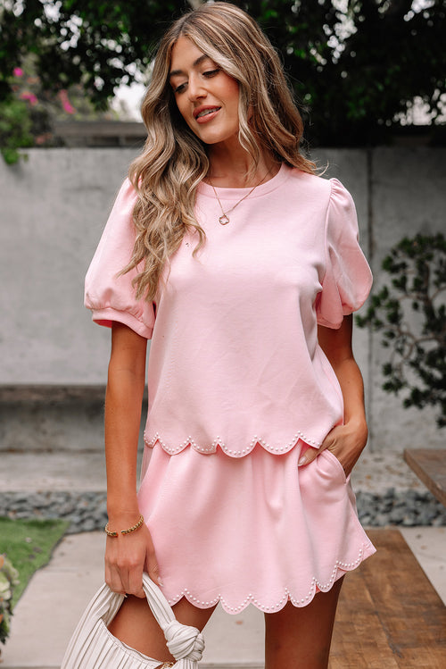 Light Pink Puff Sleeve Pearl Embellished Scallop Trim Top 2 Piece Skort Set