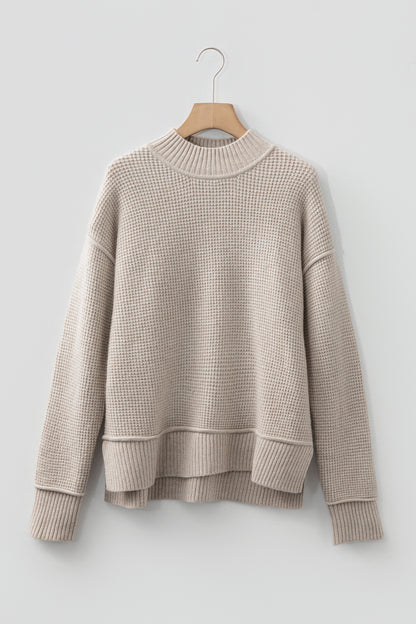 Gray Morn Waffle Texture Knit Ribbed High Neck Drop Shoulder Sweater