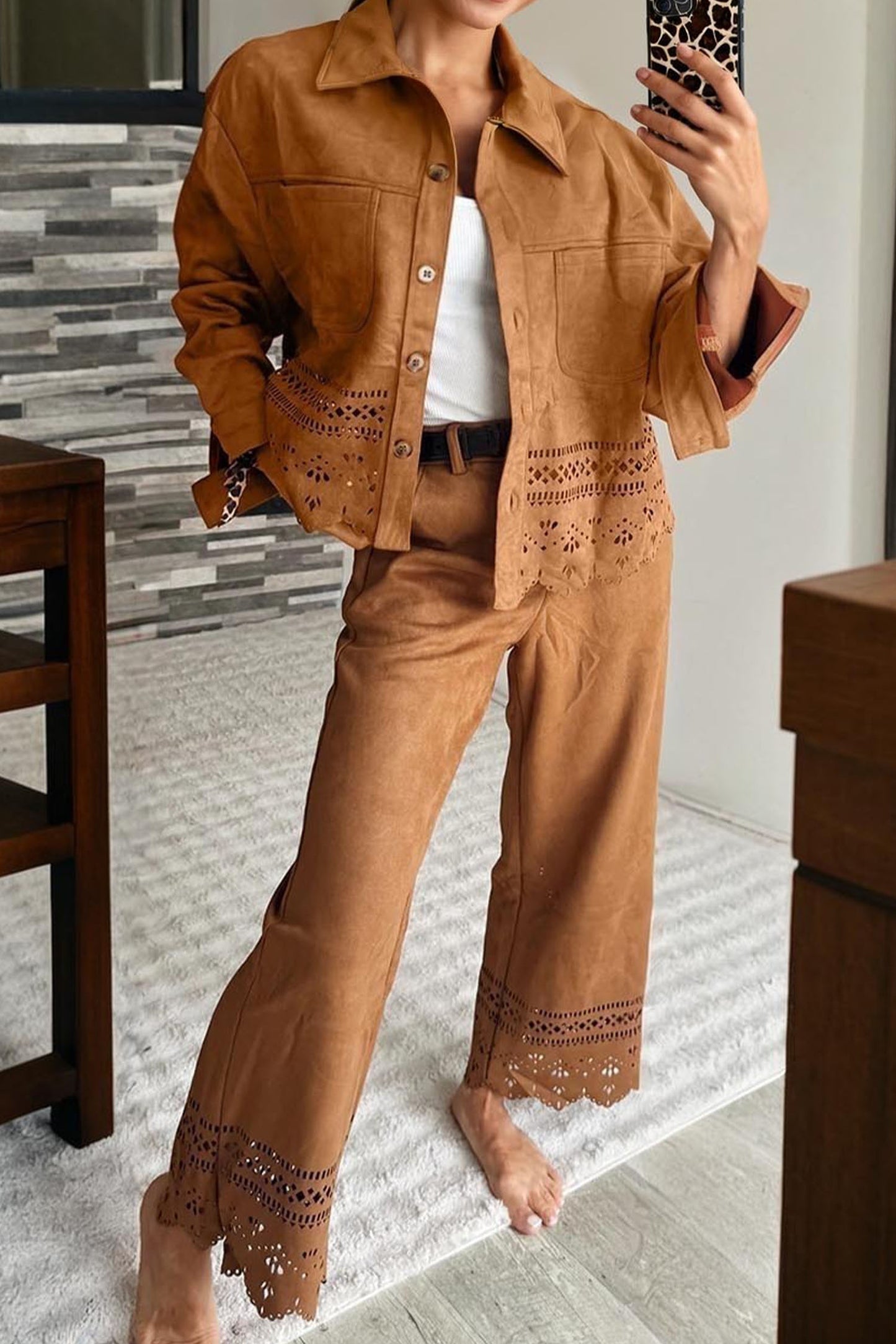 Thai Curry Solid Color Faux Suede Hollowed Detail Retro Style Jacket