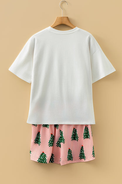 Pink Checkered MERRY Graphic Christmas Tree Print Short Lounge Set