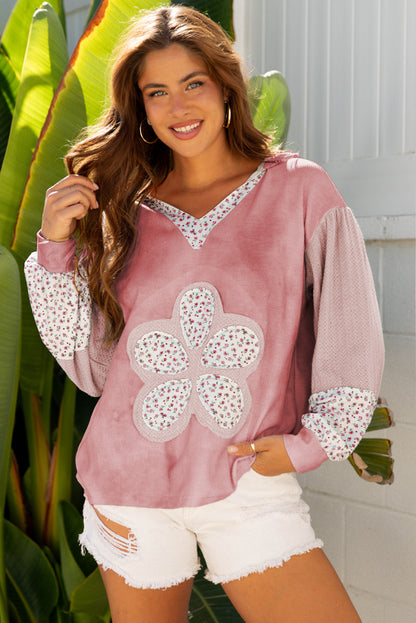 Pink Floral Patched Waffle Textured Colorblock V Neck Casual Hooded Top