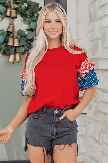 Beau Blue Stars Stripes Short Puff Sleeve Top