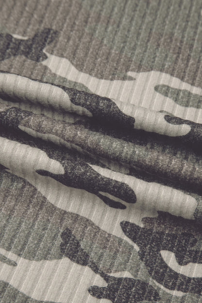 Green Camouflage Print Ribbed Knit Round Neck Tank Top