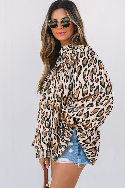 Light French Beige Oversized Leopard Print Balloon Sleeve Casual Shirt