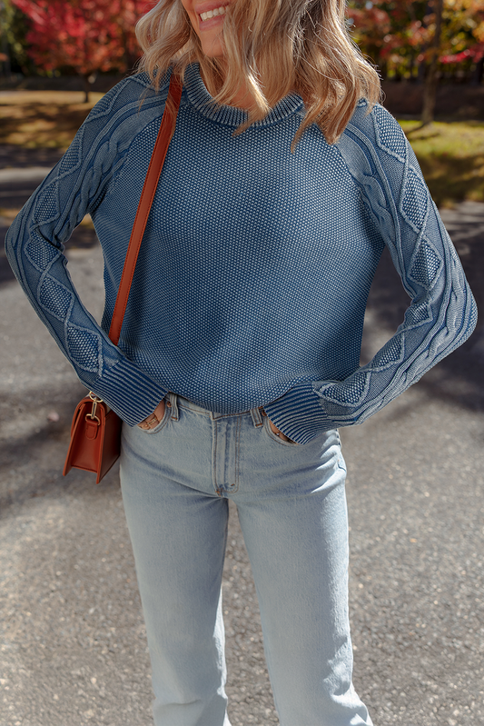 Ashleigh Blue Contrast Cable Knit Sleeve Casual Sweater