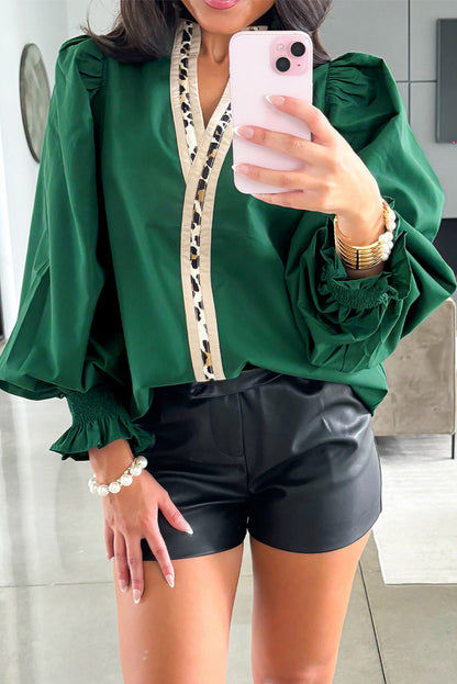 Black Puffy Flounce Sleeve Leopard Trim V Neck Blouse