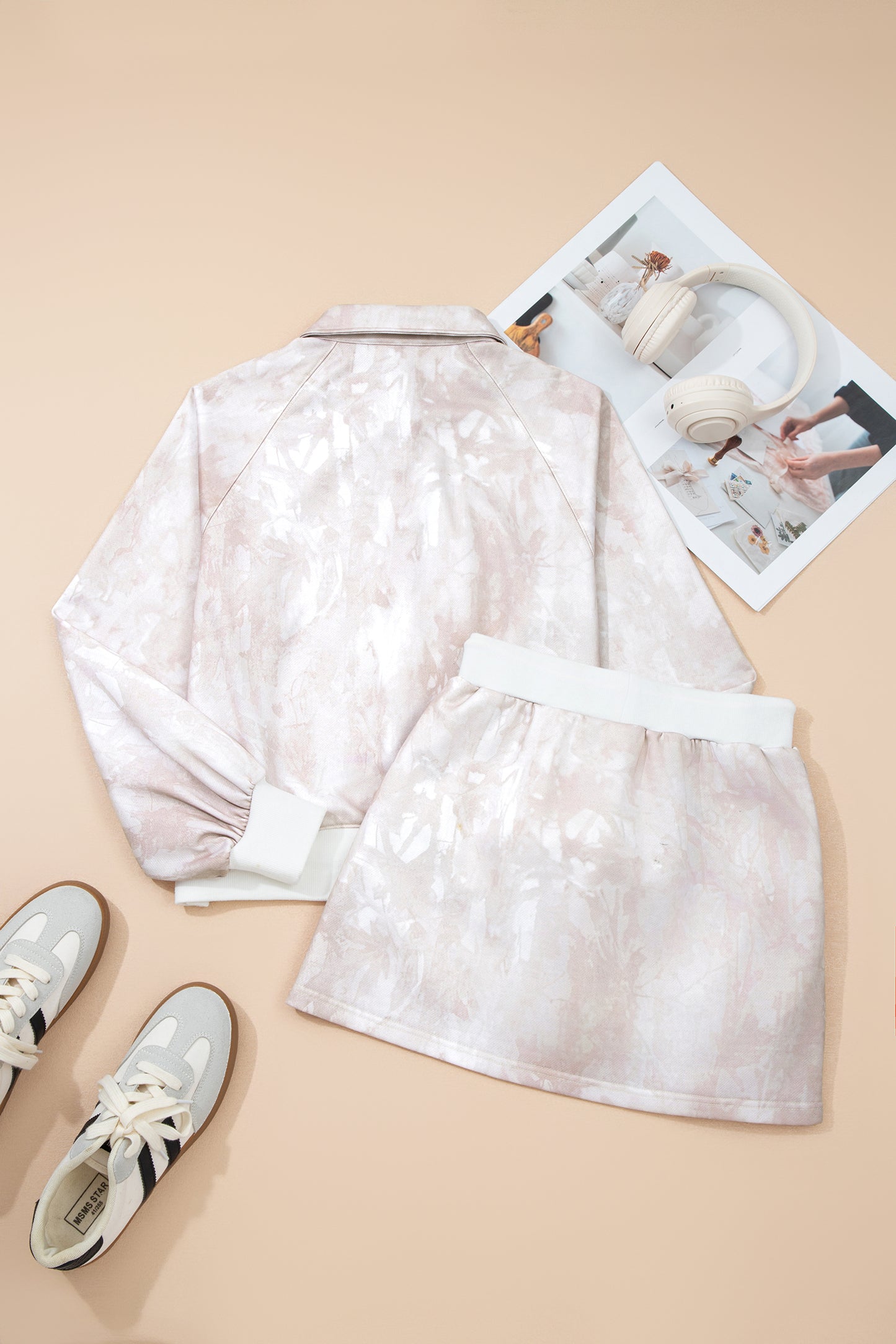 White Abstract Woodland Print Balloon Sleeve Pullover Drawstring Mini Skort Set