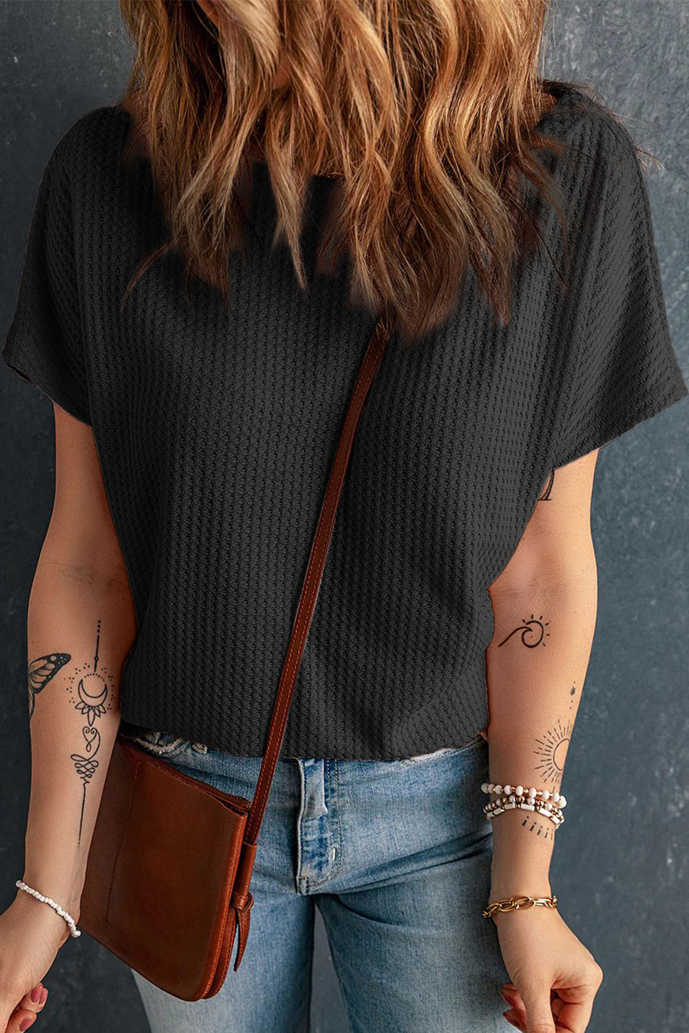 Black Waffle Knit Boat Neck Short Sleeve Top