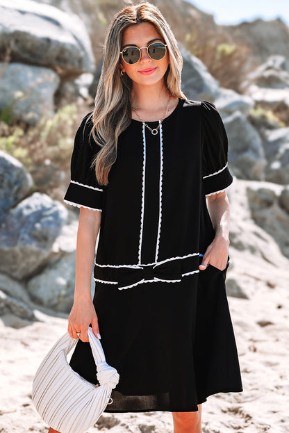 Black Contrast Scallop Trim Bow Detail Half Sleeve Shift Dress