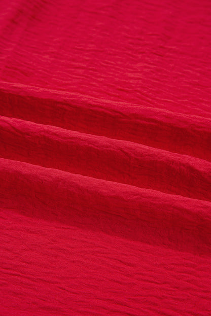 Fiery Red V Neck Collared Shirred 3/4 Sleeve Oversized Tunic Top