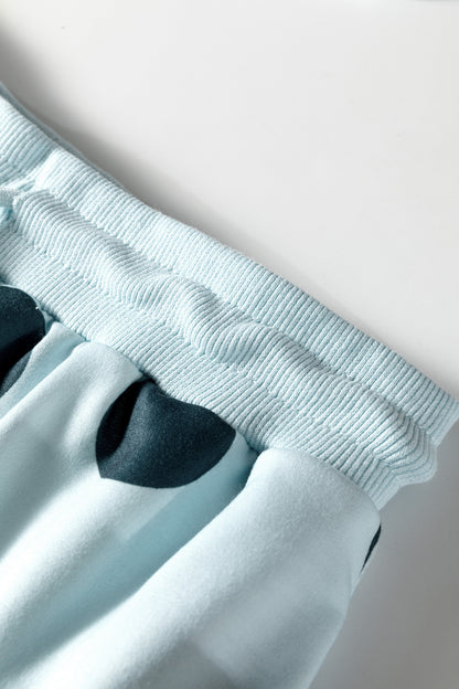 Sky Blue Polka Dot Print Drop Shoulder Pullover Drawstring Shorts Set