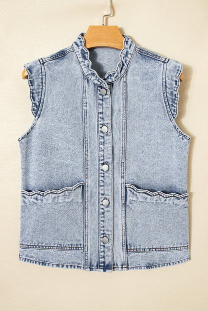 Beau Blue Scalloped Trim Patch Pocket Button Front Denim Vest