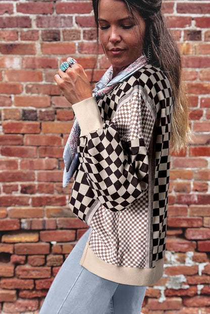 Khaki Mixed Checkered Pattern Patchwork High Low Casual Top