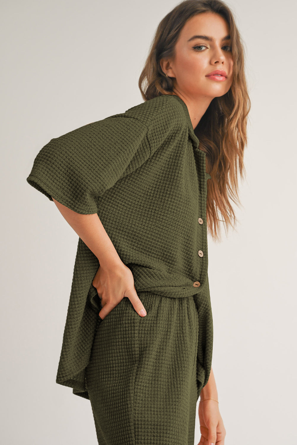 Black Solid Color Textured Buttoned Shirt and Casual Pants Set