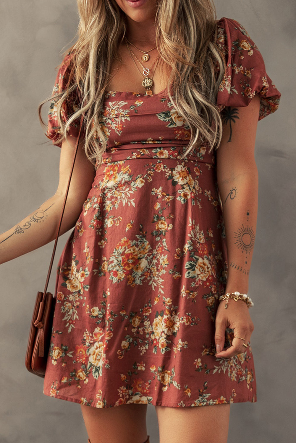 Red Floral Puff Sleeve Square Neck Knot Open Back Mini Dress