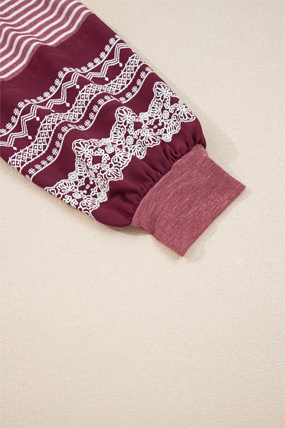 Navy Blue Contrast Print Striped Raglan Long Sleeve Loose Top