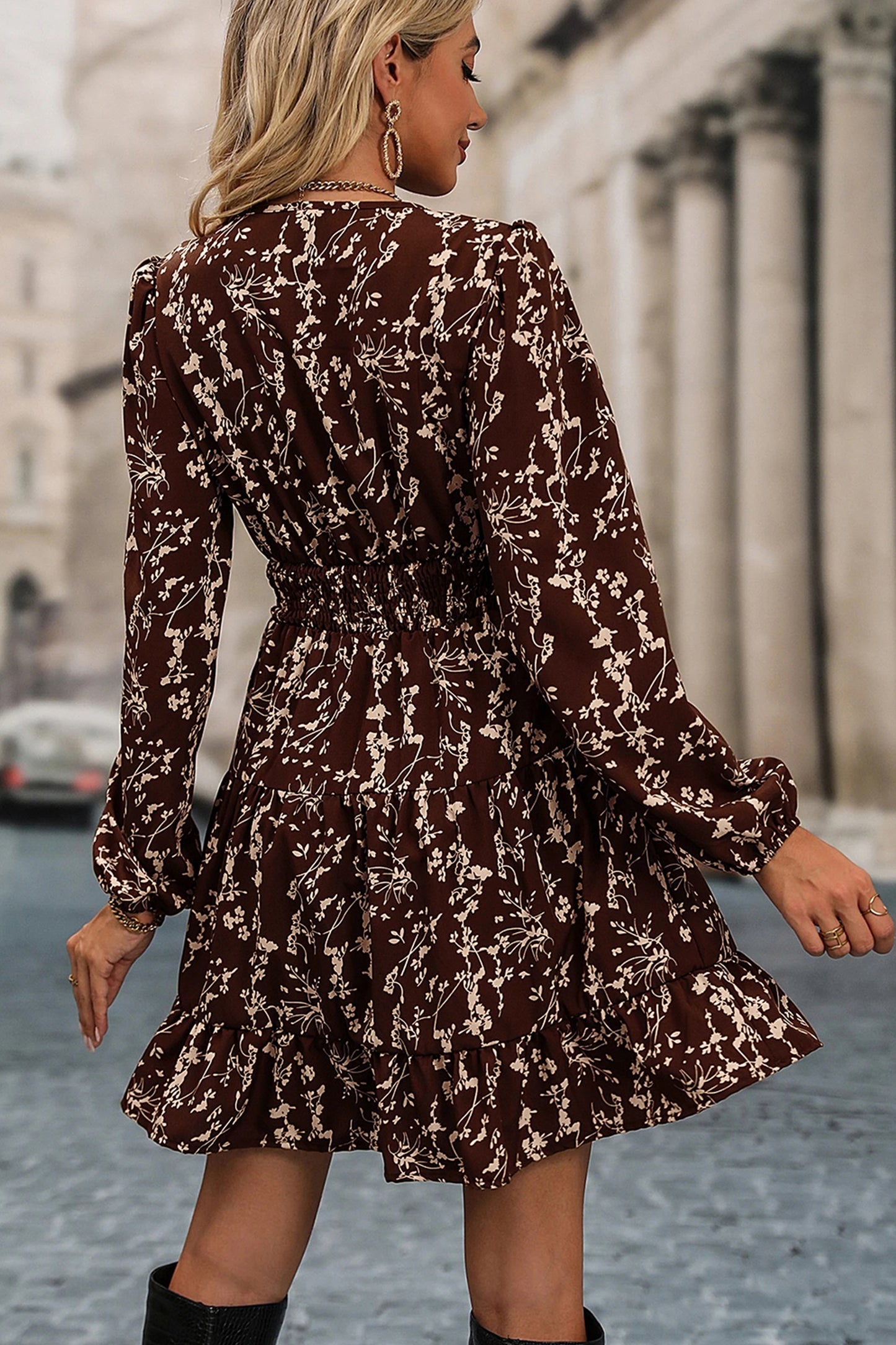 Brown Ditsy Floral Print Split Neck Long Sleeve Shirred Waist Flared Mini Dress