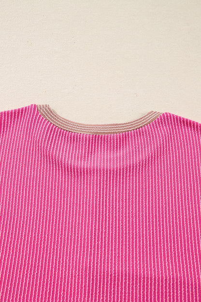 Rose Red Plus Size Twisted Ribbed Color Block Leopard Patchwork Long Sleeve Top