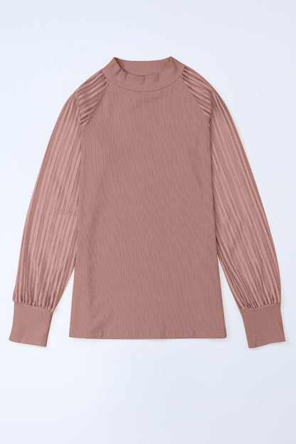Pink Black Striped Mesh Long Sleeve Crewneck Ribbed Top
