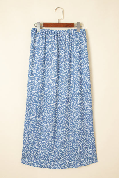 Sky Blue Boho Floral High Waist Long Skirt with Side Split