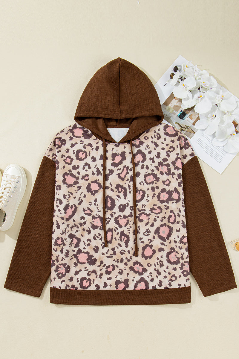 Brown Leopard Print Knit Patchwork Plus Hoodie