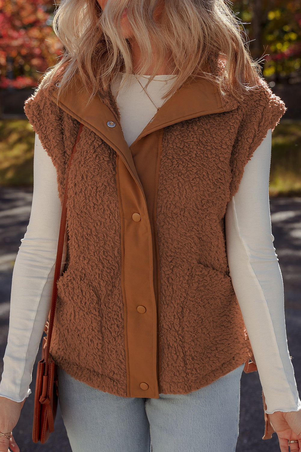 Cinnamon Faux Fur Snap Button Front Knot Side Plush Vest with Pockets