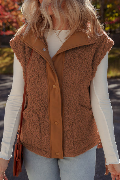 Cinnamon Faux Fur Snap Button Front Knot Side Plush Vest with Pockets