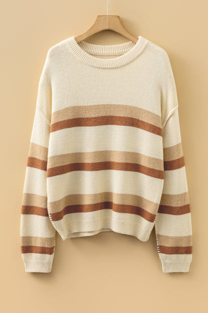 Khaki Stripe Exposed Seam Drop Shoulder Knit Baggy Sweater