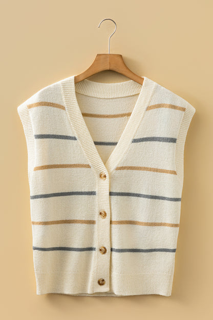 Multicolour Striped Print Button V Neck Sweater Vest