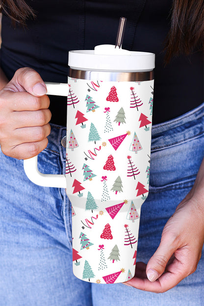 Rose Red Cartoon Christmas Tree Printed Thermos Cup 40oz