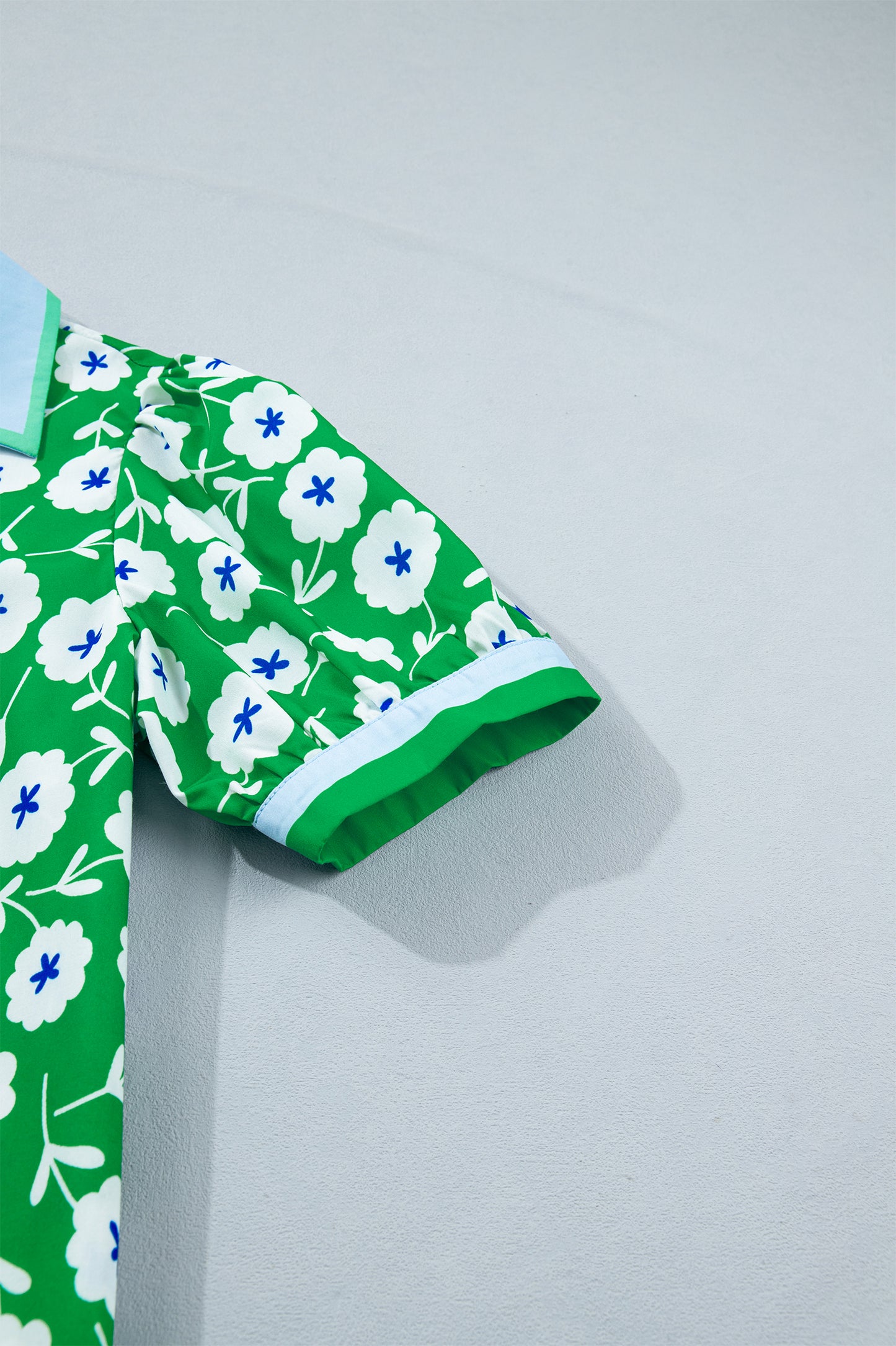 Green Flower Printed Contrast Patchwork Collar Short Sleeve Blouse