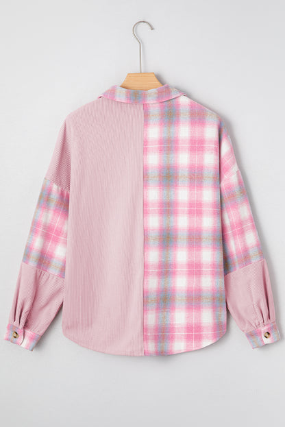 Pink Brushed Plaid Corduroy Flap Pockets Patchwork Shacket