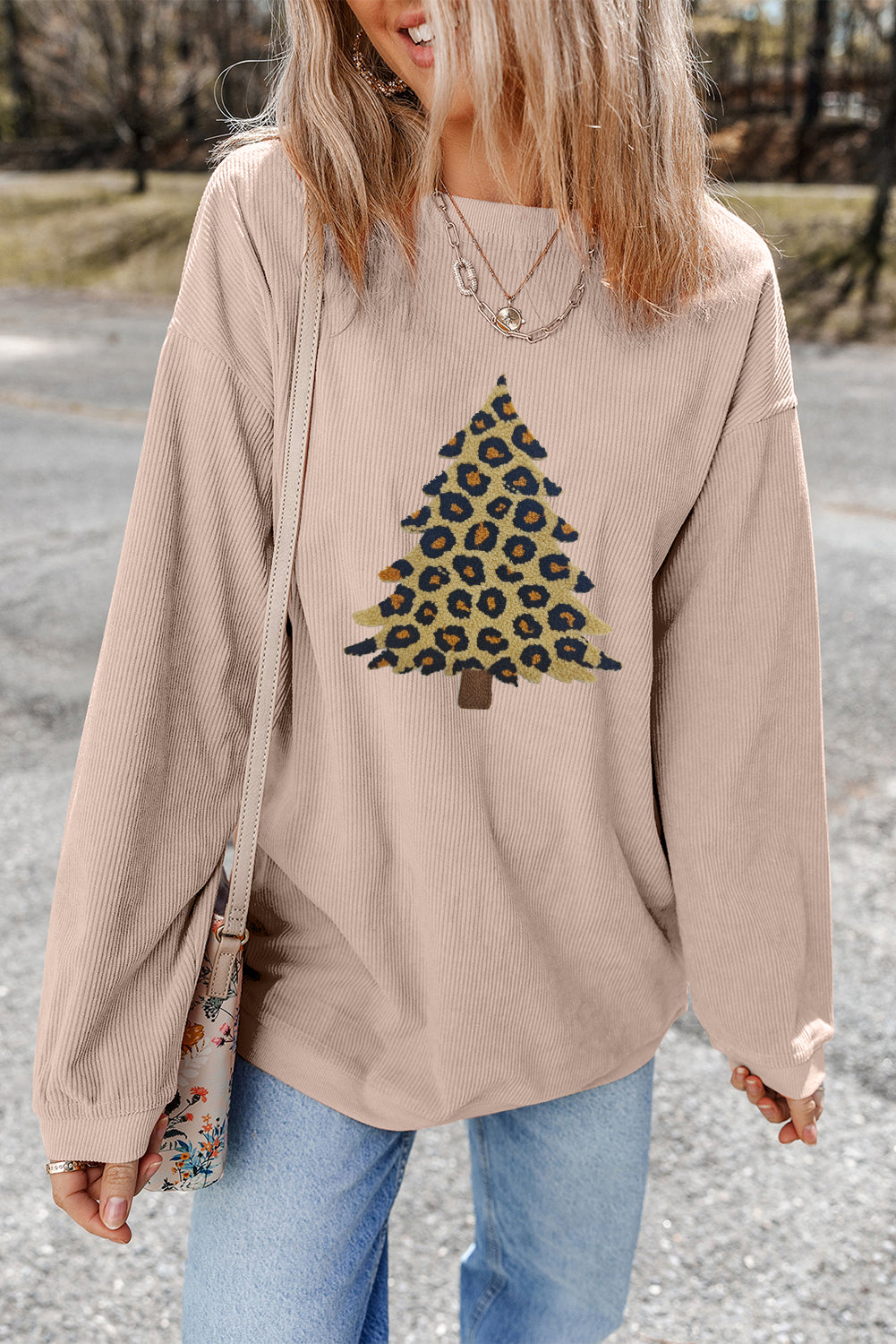 Apricot Leopard Christmas Tree Graphic Corded Sweatshirt