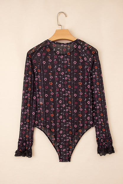 Black Floral Print Smocked Cuff Slim Fit Mesh Bodysuit