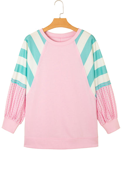 Bonbon Striped Colorblock Patchwork Raglan Pullover Top with Slits