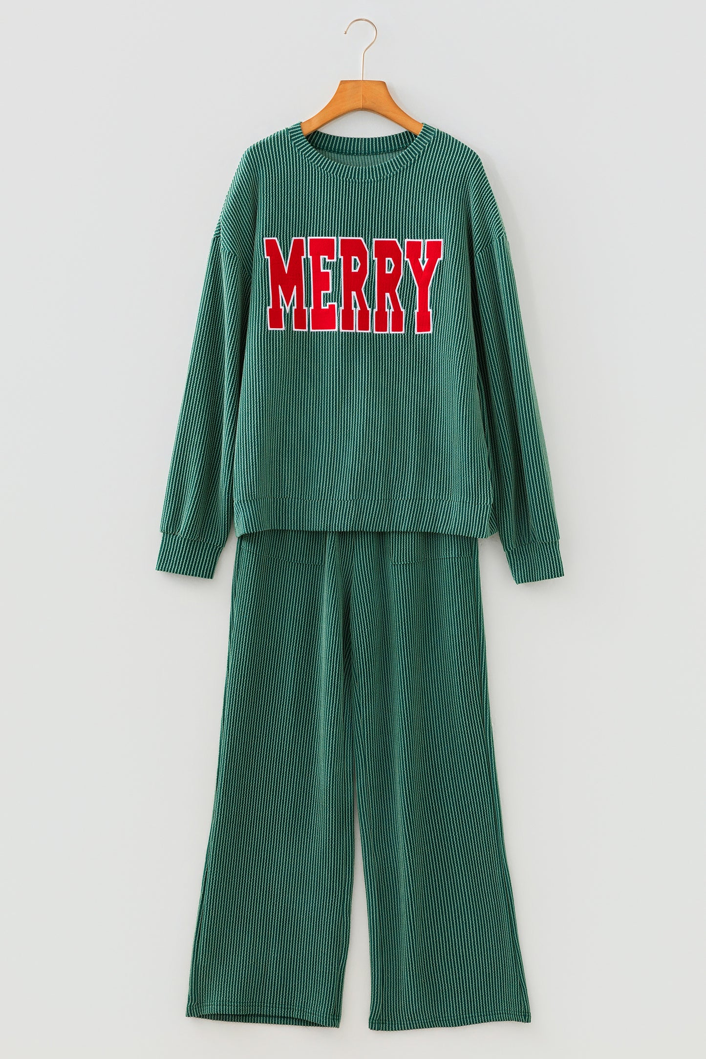 Dark Green MERRY Corded Long Sleeve Top and Pockets Pants Set