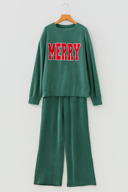 Dark Green MERRY Corded Long Sleeve Top and Pockets Pants Set
