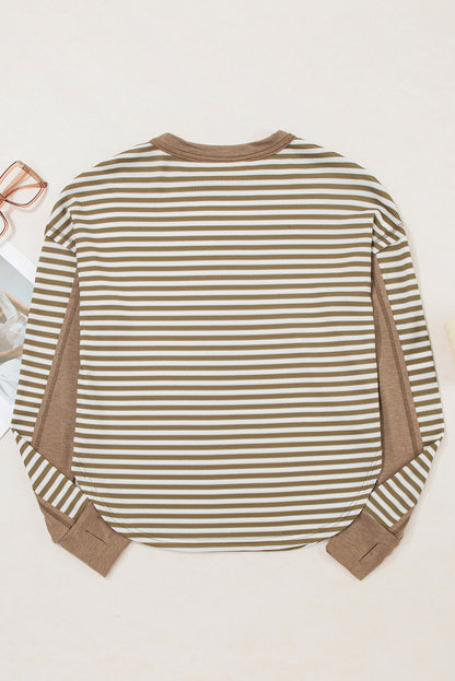 Khaki Stripe Thermal Knit Drop Shoulder Casual Top
