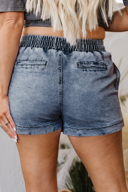 Dusk Blue Drawstring Elastic Waistband Pocketed Denim Shorts